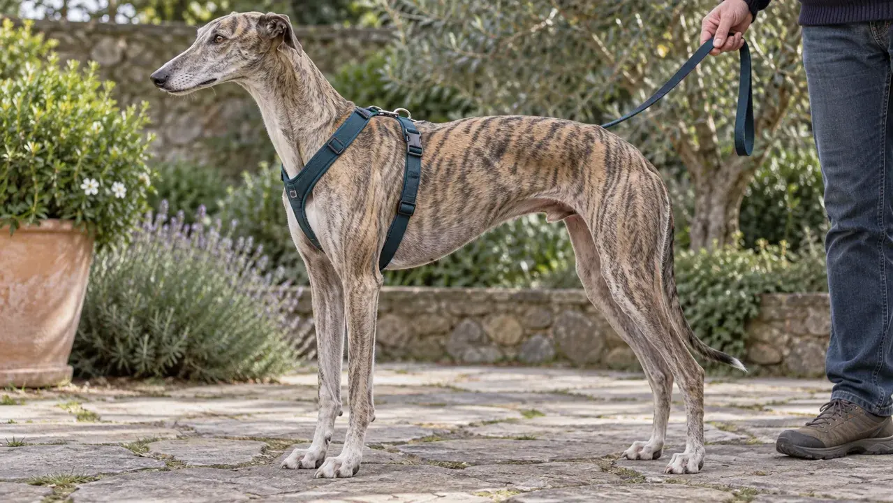 Illustration eines entspannten Galgos mit gut anliegendem Geschirr an einer lockeren Leine